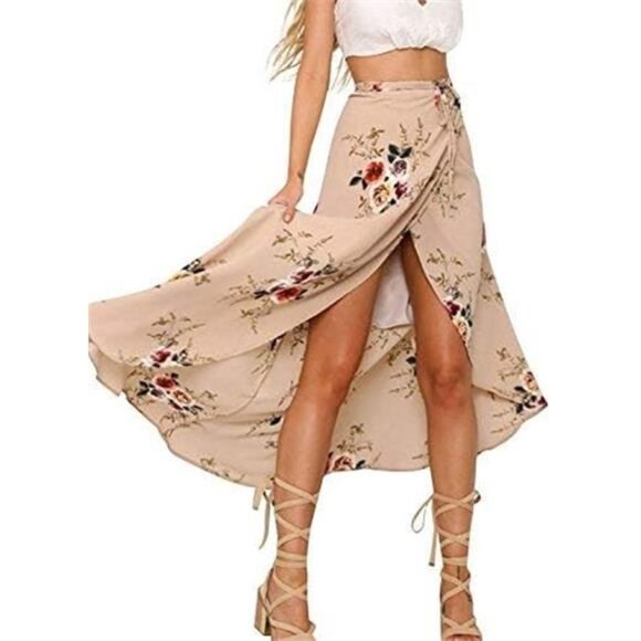 Boho Nude Floral Print Tie Waist Wrap Maxi Skirt Leg Slit Flowy Skirt Cover Up - Picture 2 of 10